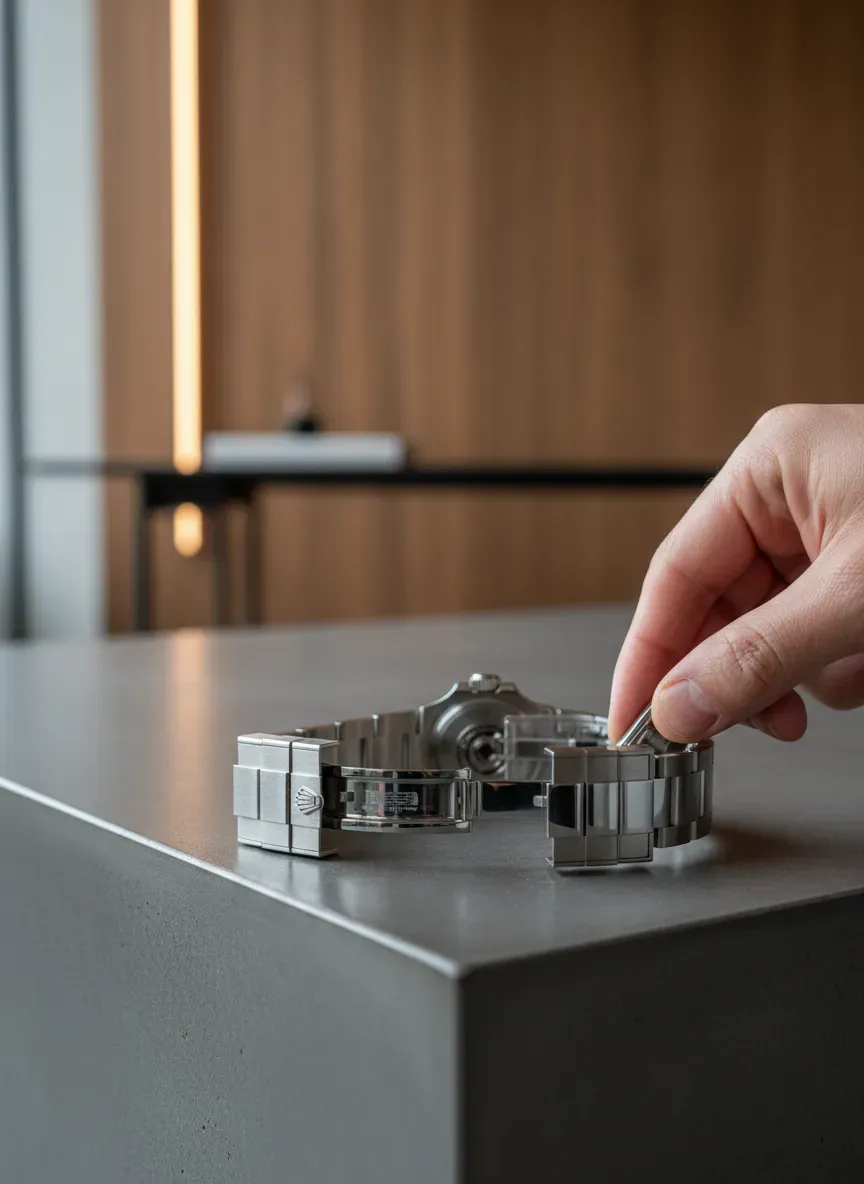 Close up of a Rolex glidelock clasp adjustment demonstrating the importance of fit and materials