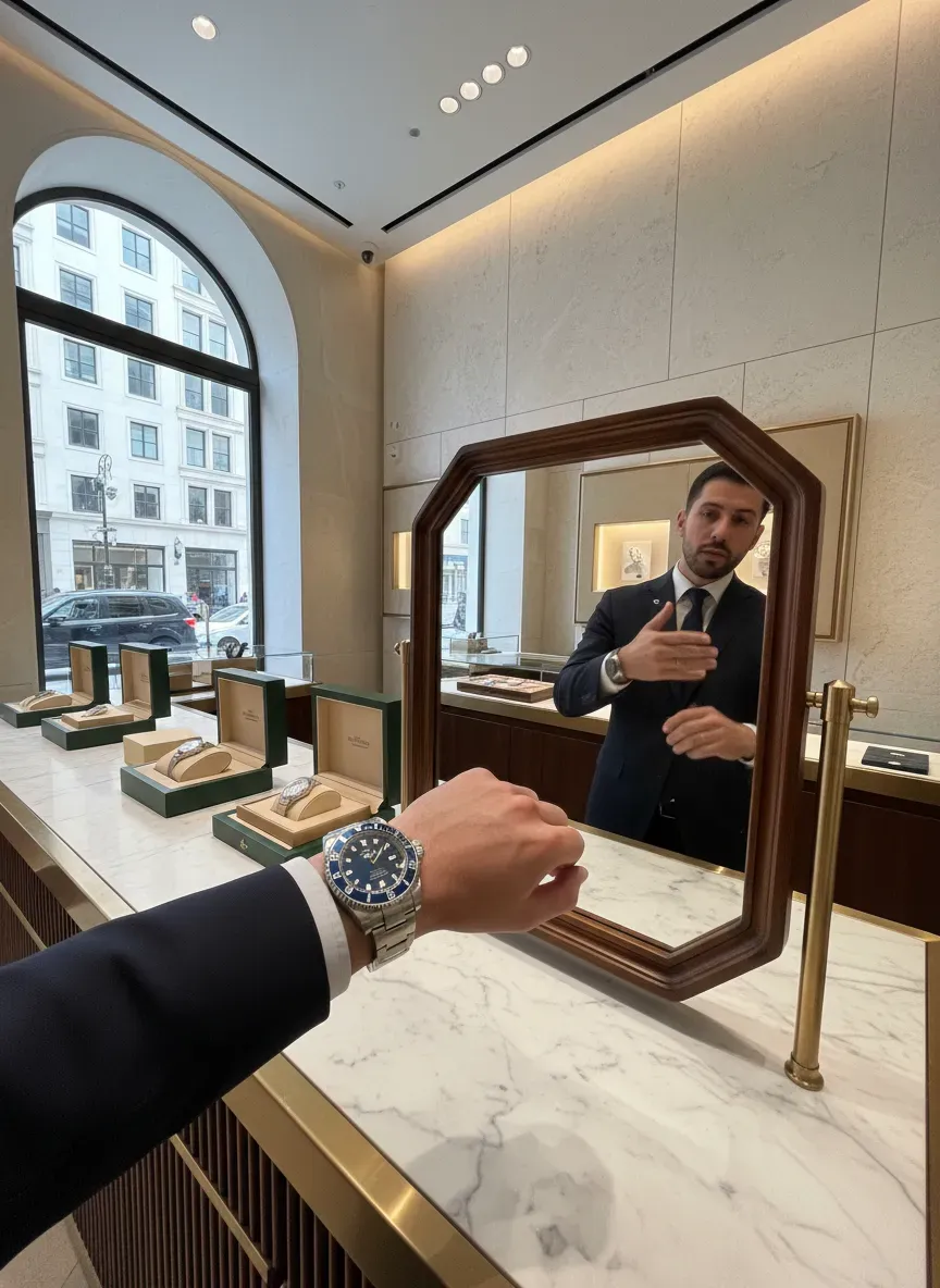 A customer trying on a Rolex Submariner at a boutique counter with a mirror reflecting the fit