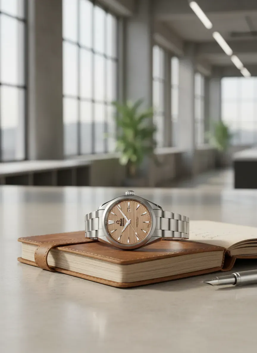 Omega Aqua Terra 38mm with a sandstone dial resting on a leather notebook