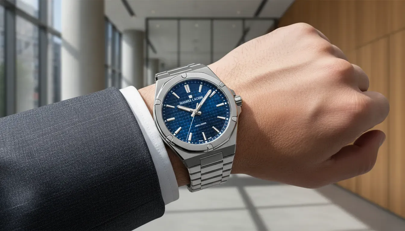 A close up of a Maurice Lacroix Aikon automatic watch on a wrist with a blue dial