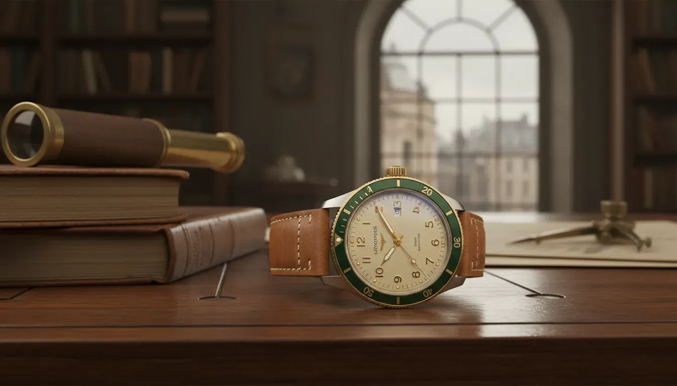 A vintage inspired Longines Spirit Zulu Time watch on a leather strap