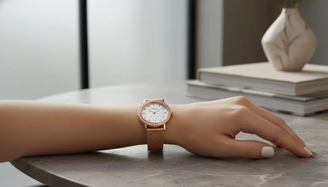 Detailed view of an elegant rose gold watch on a woman's wrist