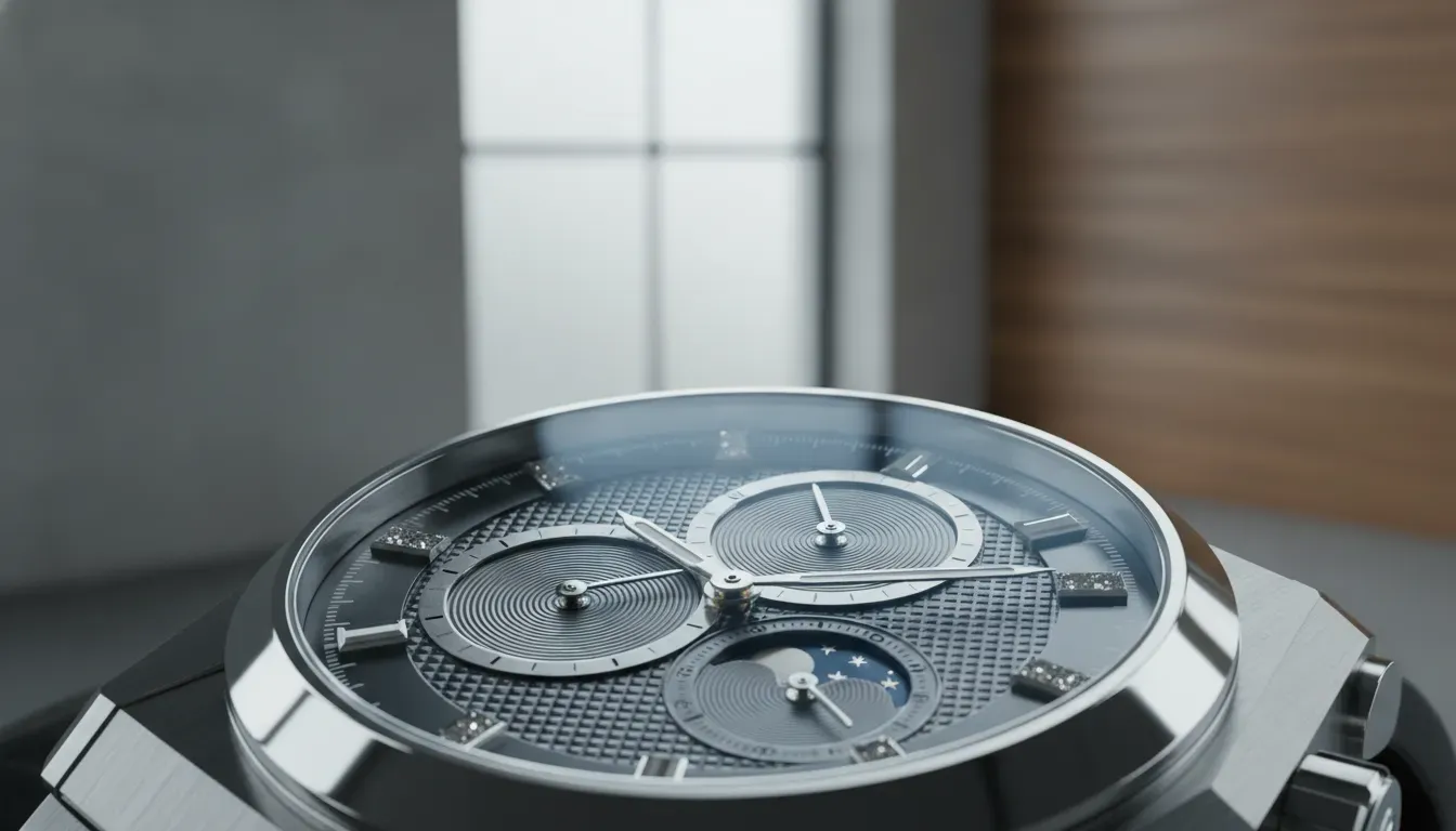Close up of a diamond-accented watch dial showing intricate hands and markers
