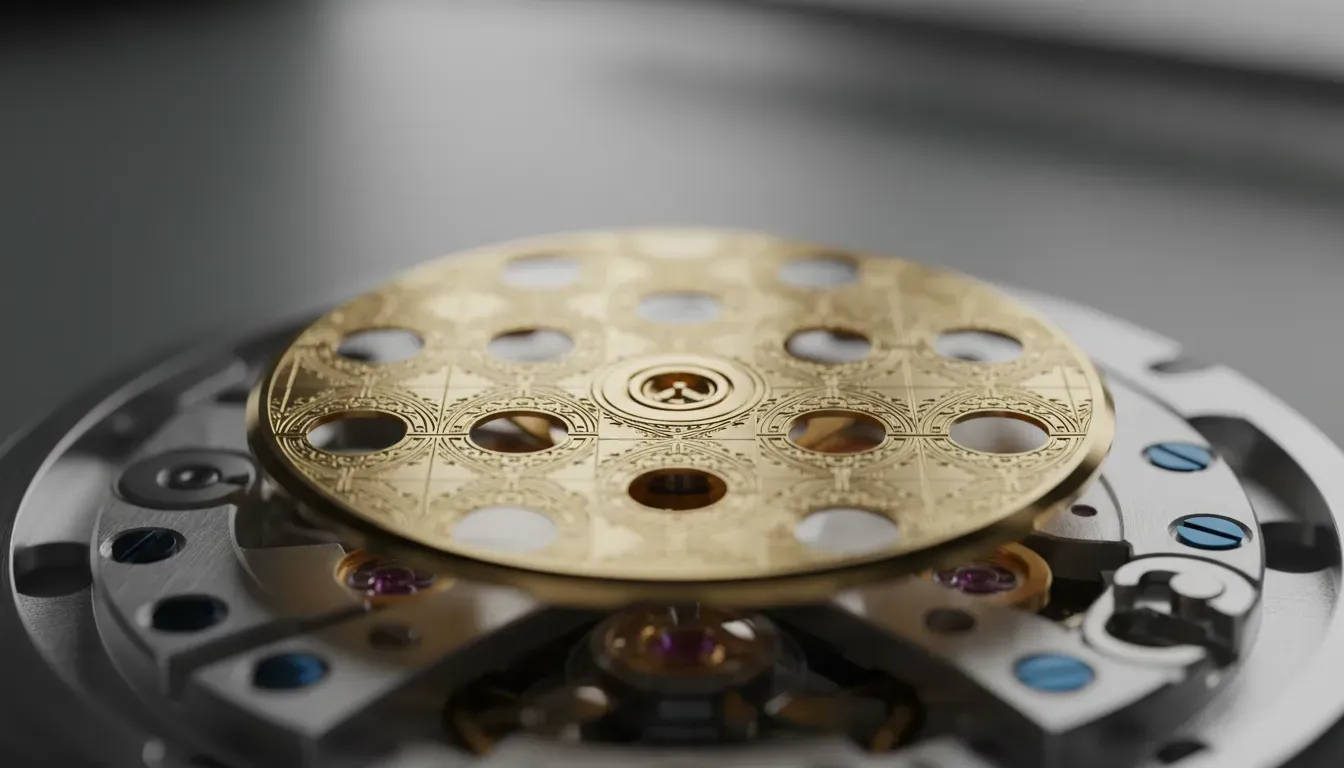 A macro shot highlighting the intricate engravings on a gold rotor of an automatic watch