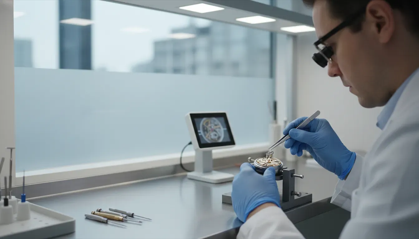 A watchmaker in a sterile environment carefully adjusting the balance bridge of a mechanical movement with tweezers