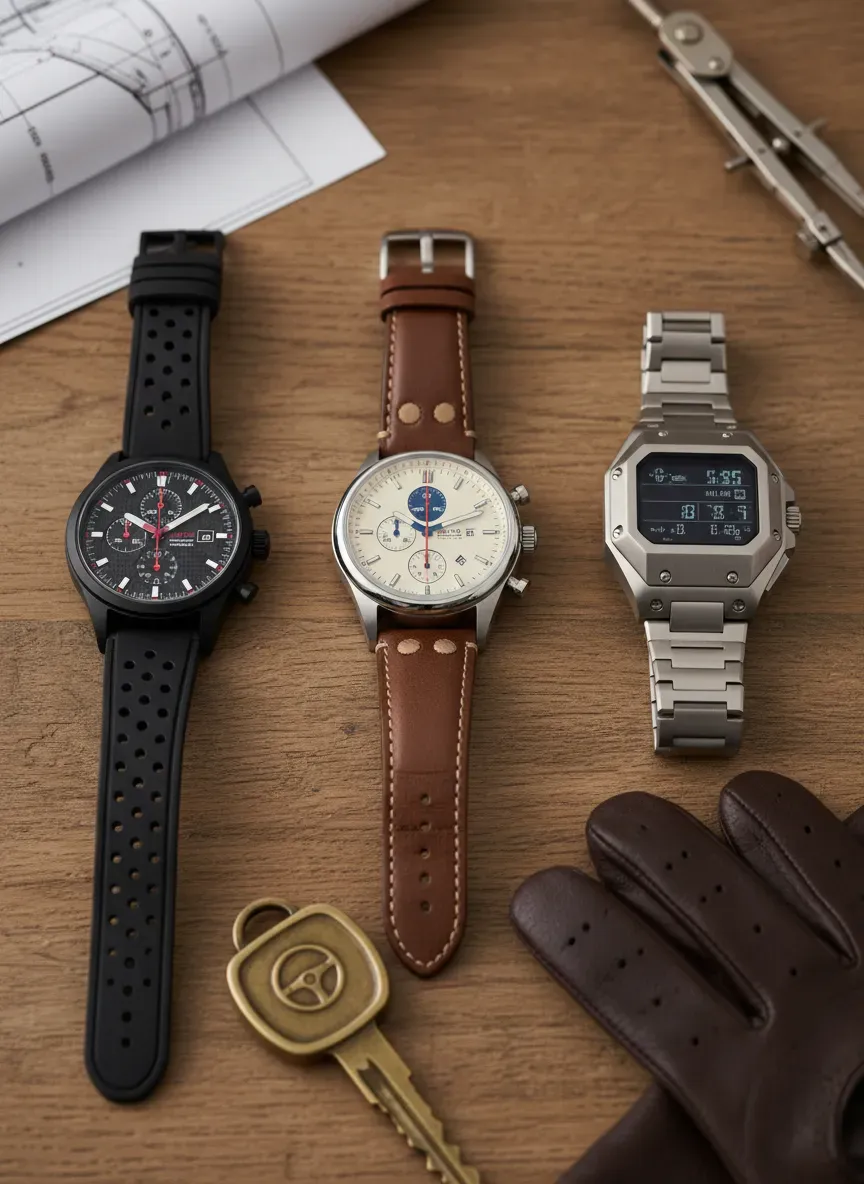 A flat lay of three different racing watches on a wooden table with a vintage car key