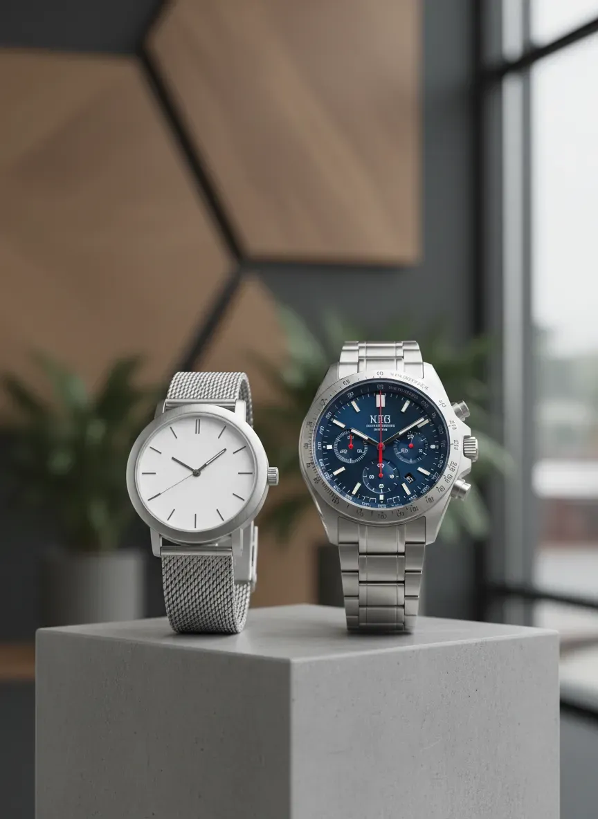 Side by side comparison of a simple stainless steel watch and a complex chronograph