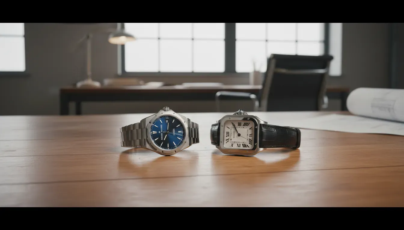 Vacheron Constantin Overseas and Cartier Santos side by side on a wooden table