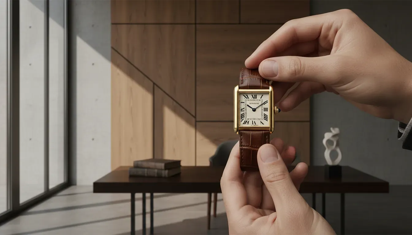A collector holding a vintage Cartier Tank Louis in solid gold