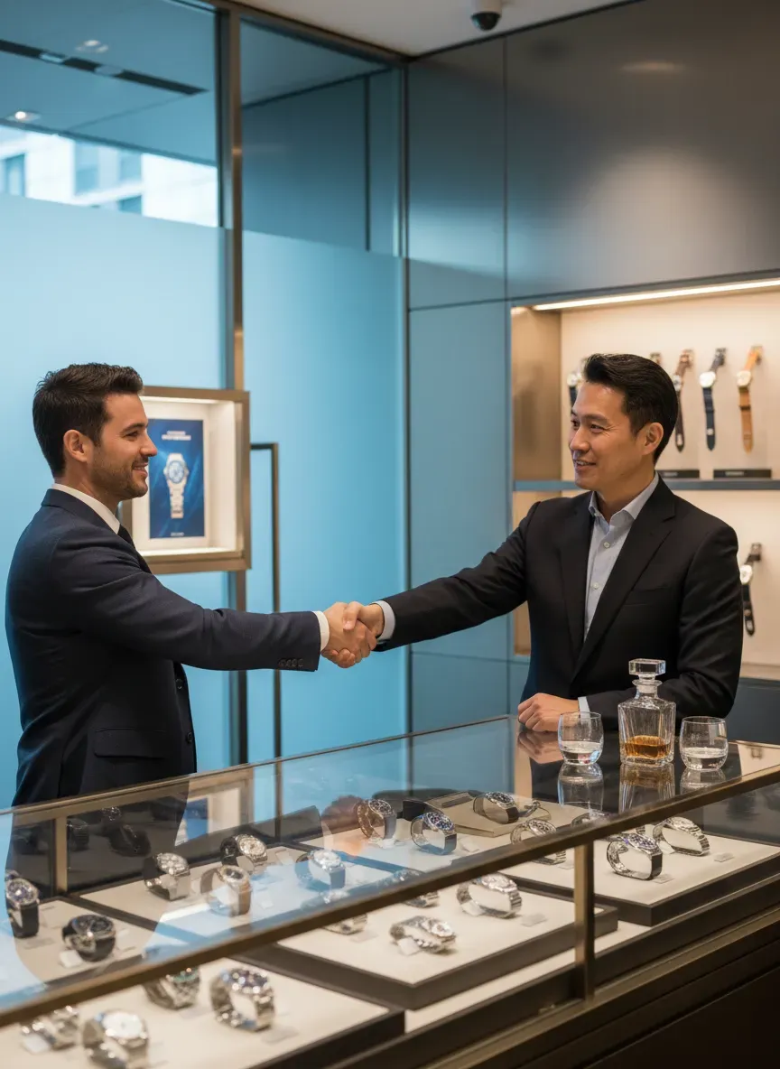 A handshake between a client and a watch dealer over a glass display counter