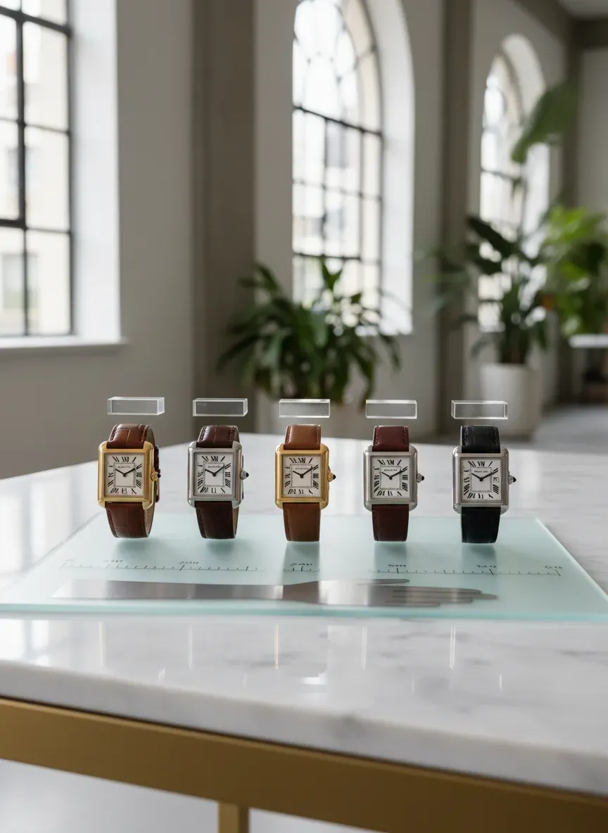 A diagram comparing Cartier Tank sizes against a standard wrist measurement