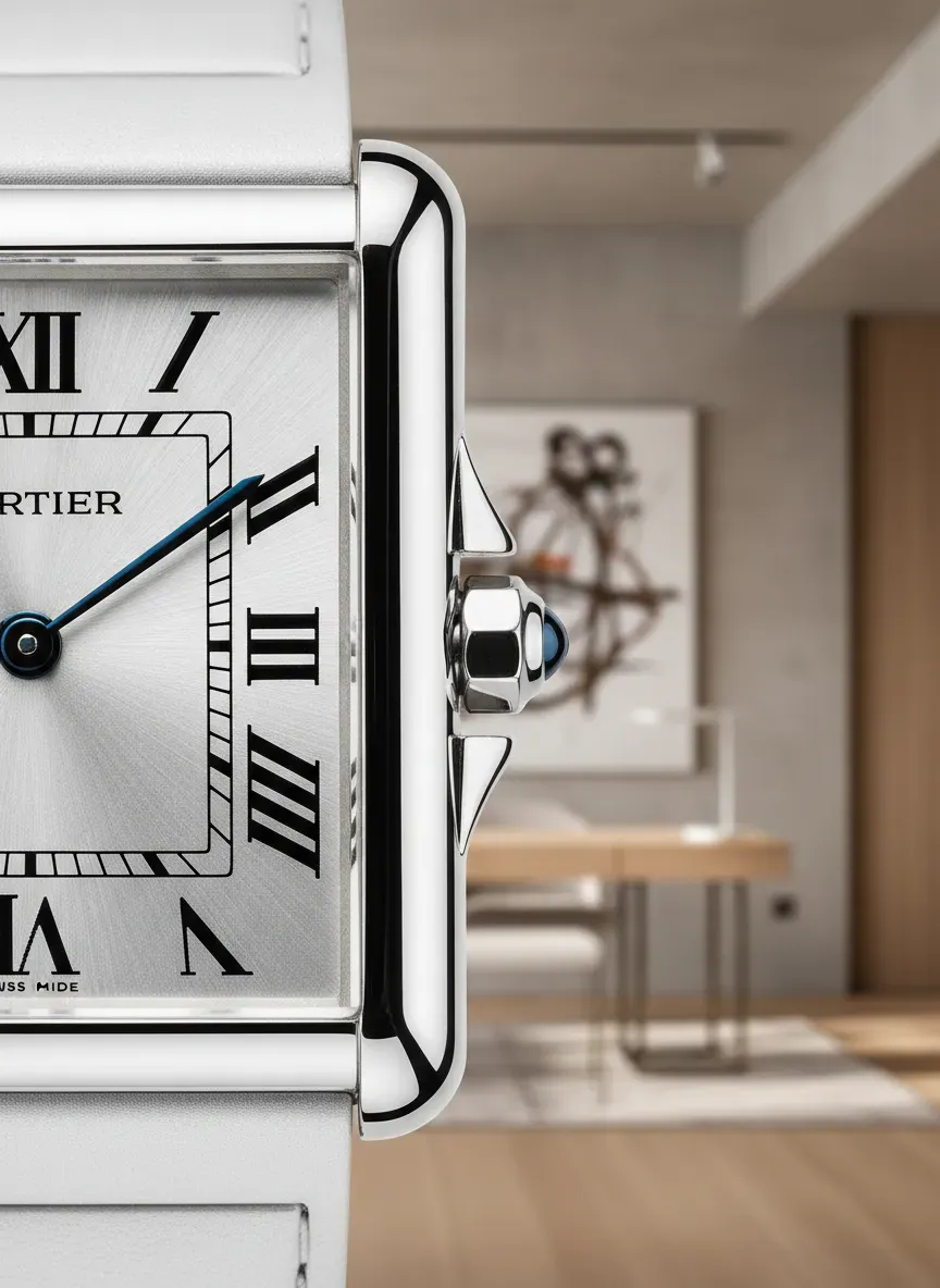 Macro shot of the Cartier Tank Must dial showing the secret signature in the Roman numeral