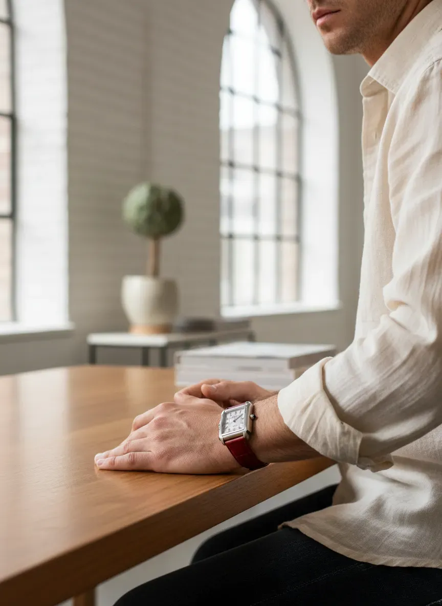Lifestyle shot of a man wearing a Cartier Tank Must with a casual outfit
