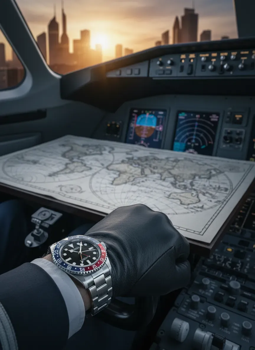 A pilot wearing a GMT watch in the cockpit with a map in the background