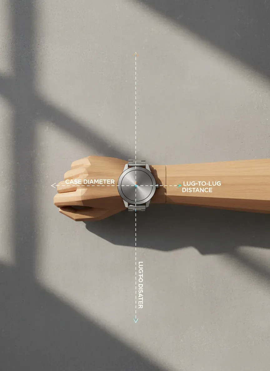 A diagram comparing case diameter versus lug-to-lug distance on a wrist