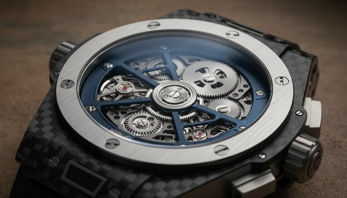 A close-up of a sophisticated UNICO skeleton movement found in premium hublot watches