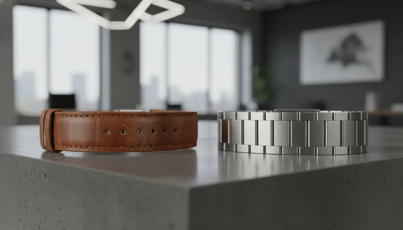 Detailed macro shot of a worn leather watch strap showing rich patina and texture alongside a pristine stainless steel link bracelet.