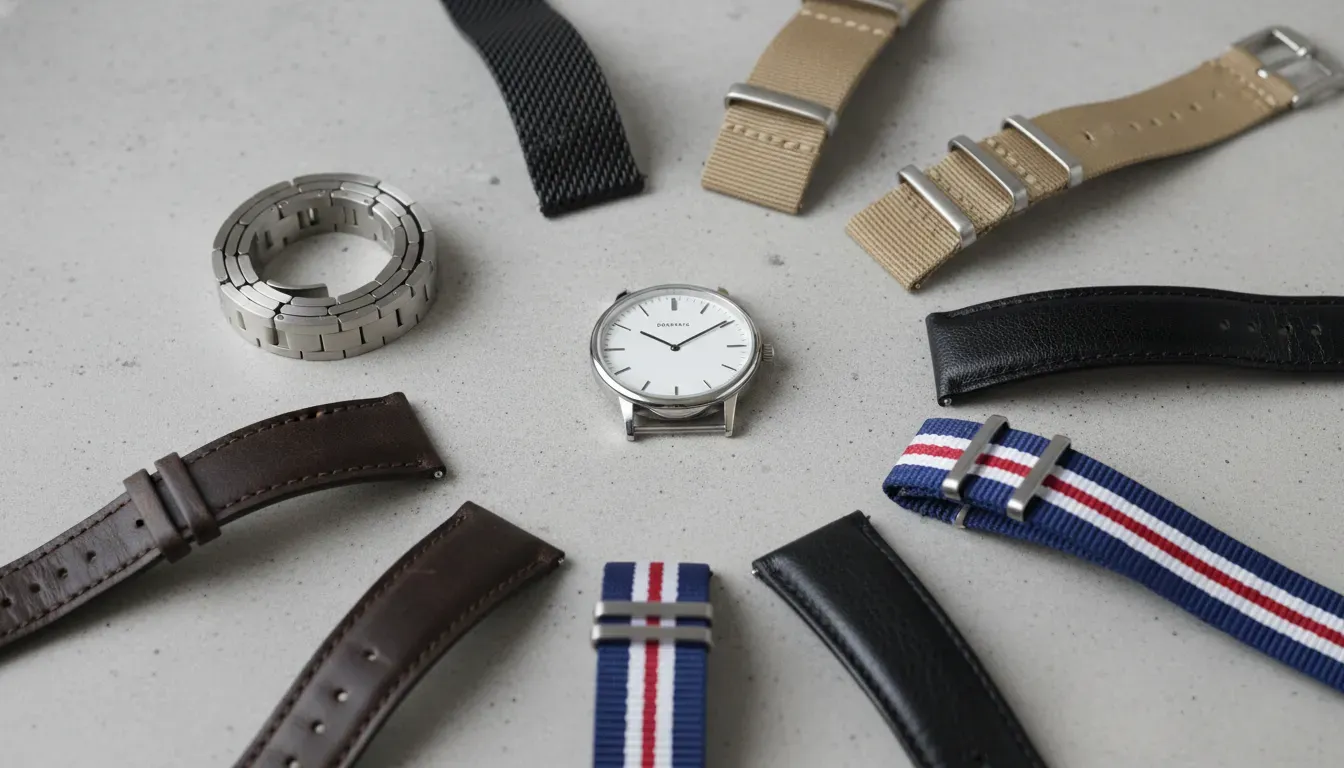 Flat lay photography of a single watch face surrounded by multiple interchangeable bands including steel, leather, and NATO nylon.