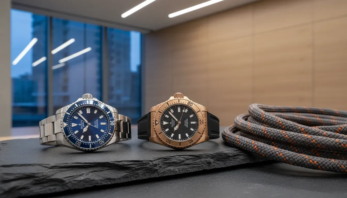 Two luxury dive watches resting on a piece of dark slate next to a coiled climbing rope