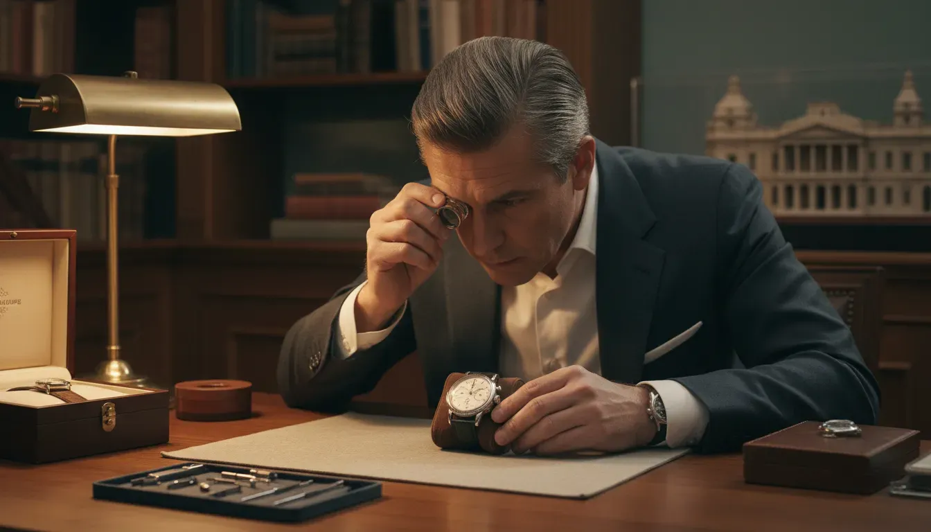 Collector examining a vintage high-end timepiece with a jeweler's loupe