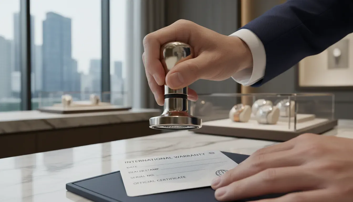 A close-up of a luxury watch warranty card being stamped by a boutique associate