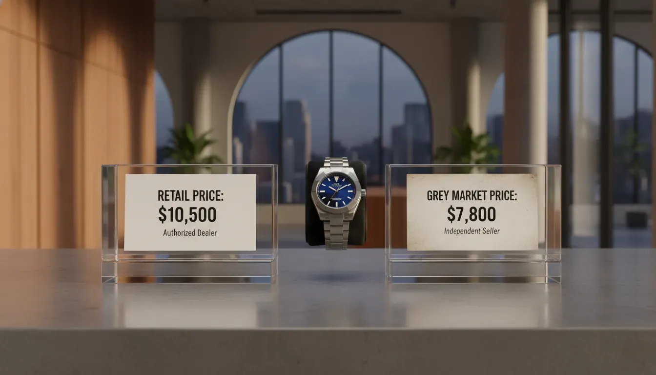 A side-by-side comparison of a price tag showing retail price vs grey market price