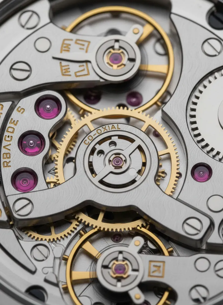 Close up of the Omega Calibre 3861 movement showing the Co-Axial escapement and finishing details