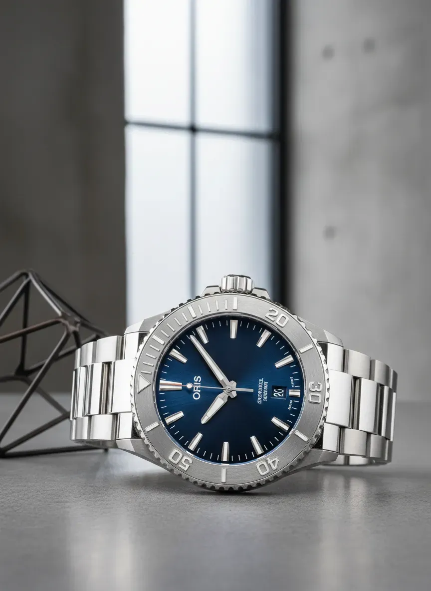 A detailed view of the Oris Aquis Date relief bezel and sunburst dial