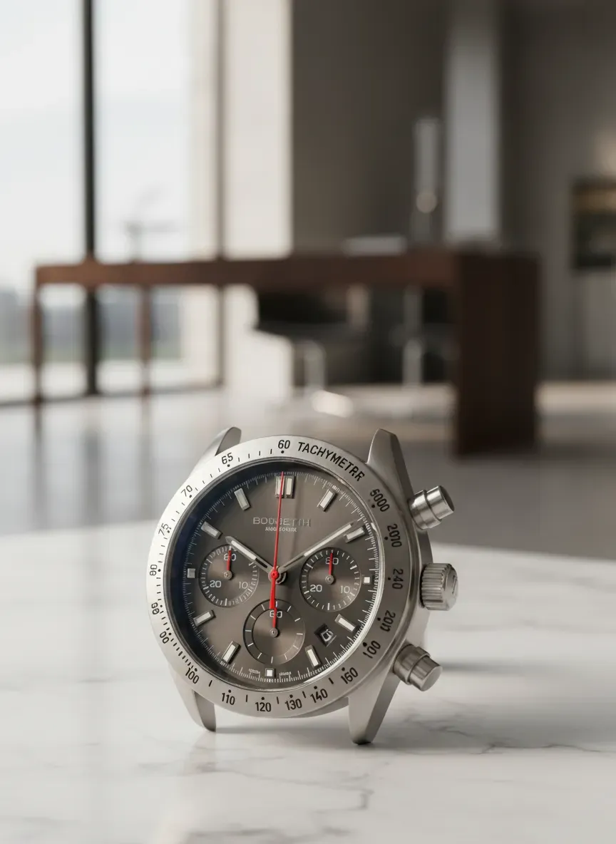 Close up of a chronograph tachymeter bezel and pusher