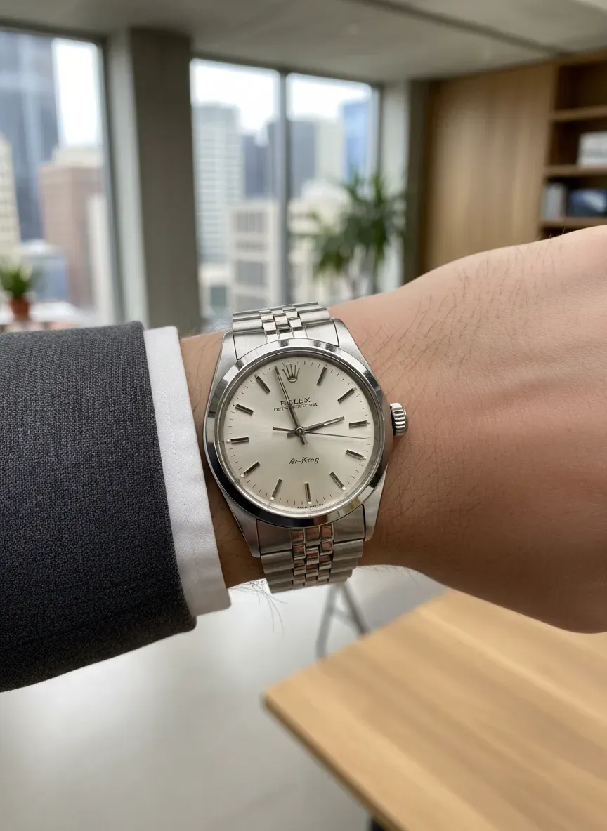Vintage Rolex Air-King on wrist showcasing the 34mm case