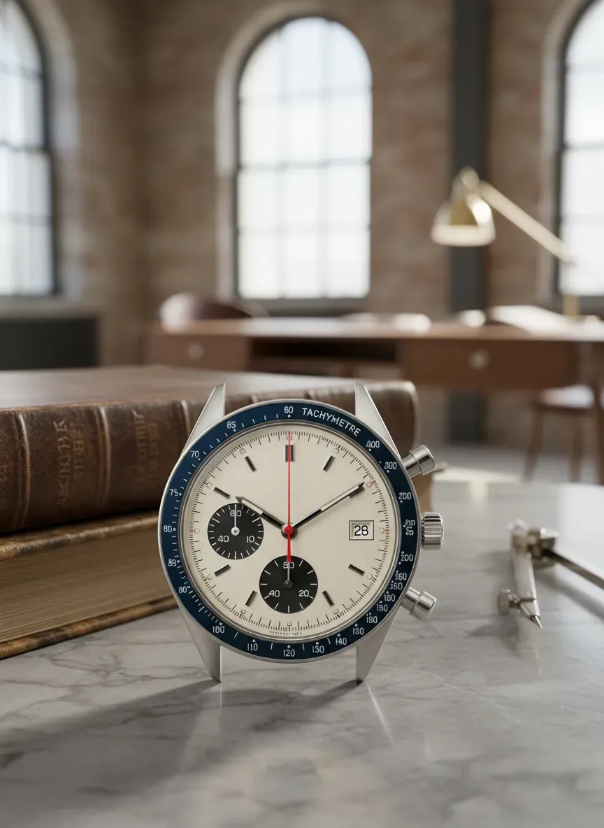 Vintage style chronograph watch face with tachymeter scale