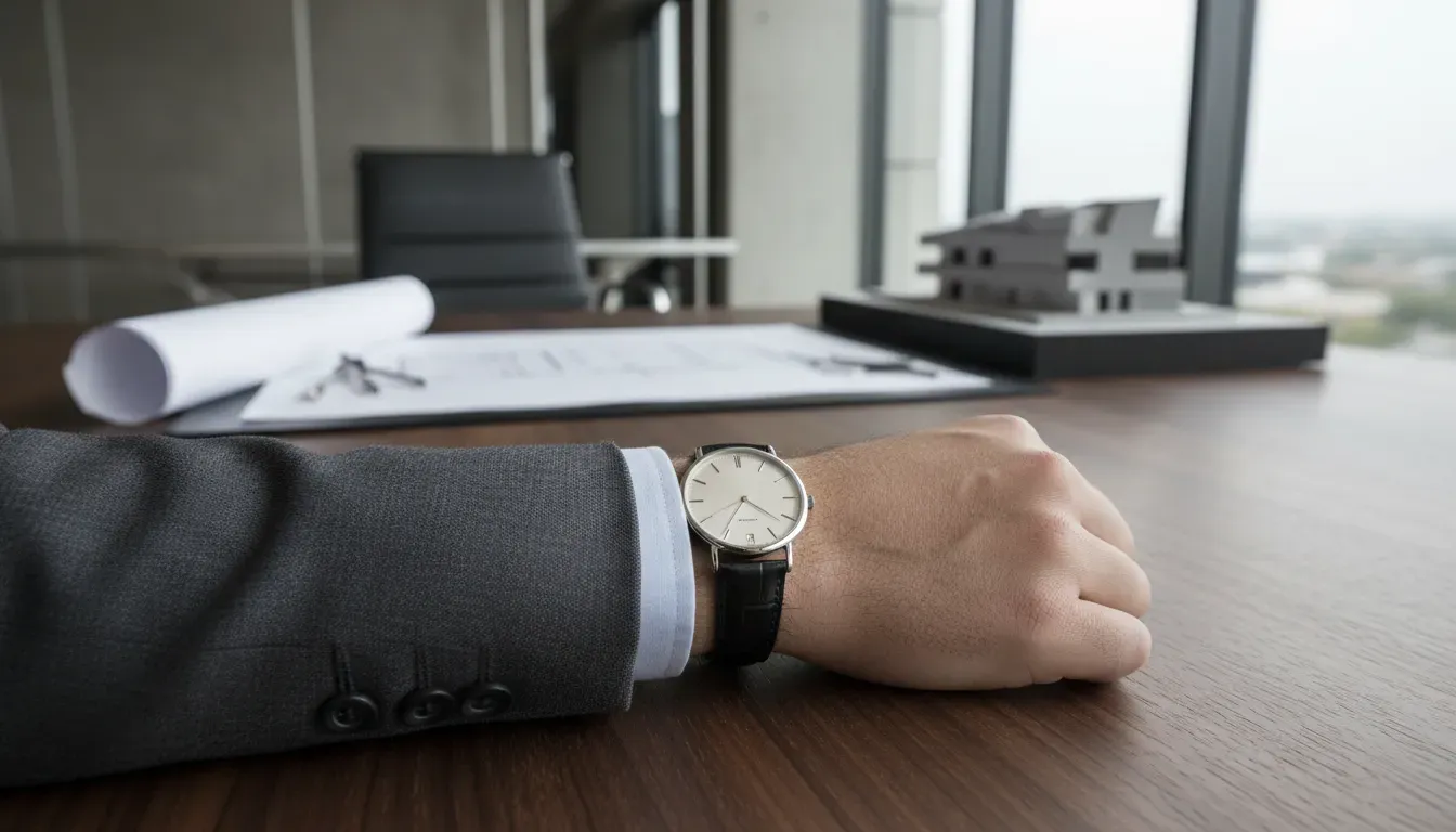 Elegant dress watch worn with a tailored bespoke suit cuff