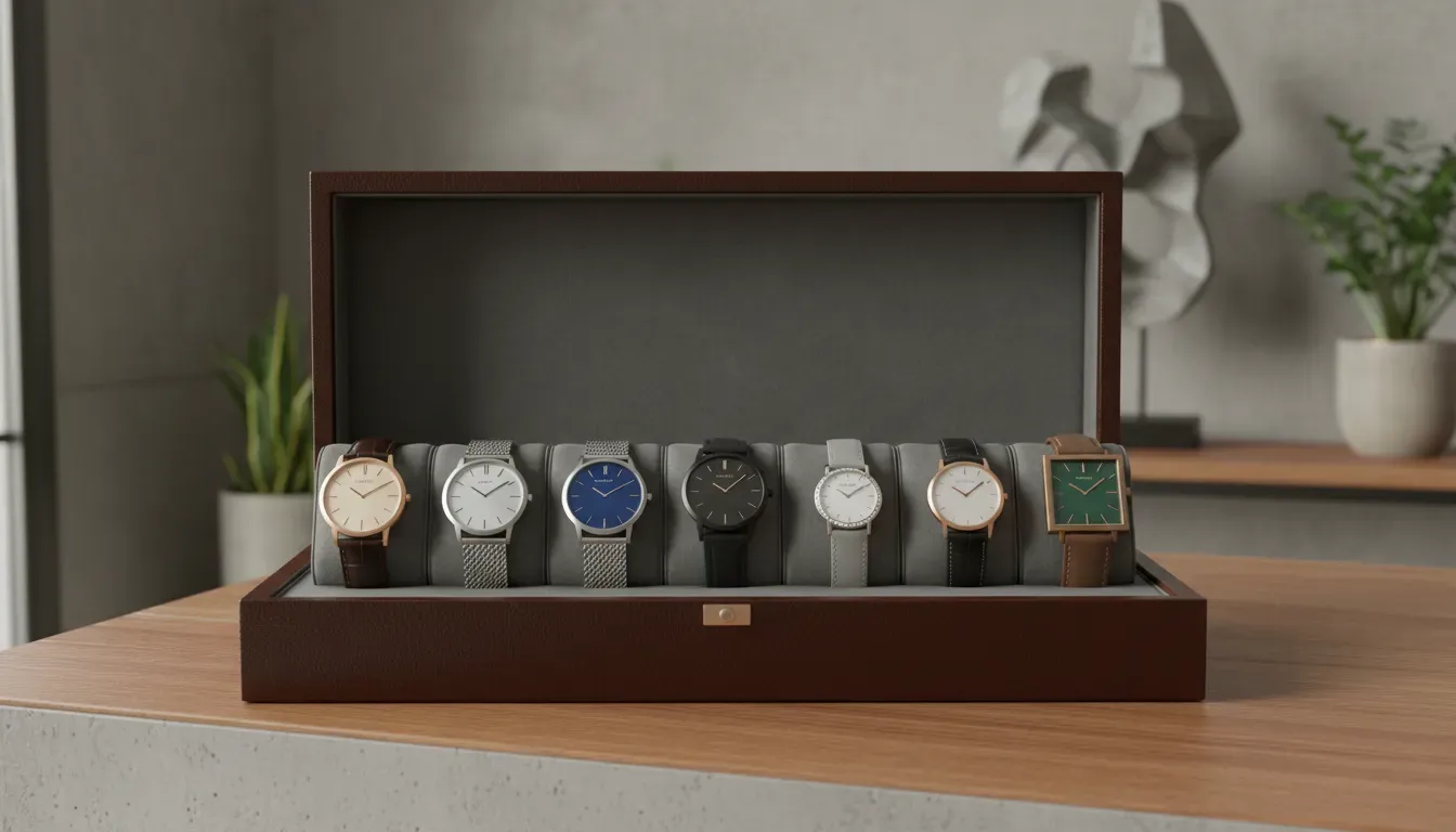 Collection of understated luxury timepieces resting in a leather display box