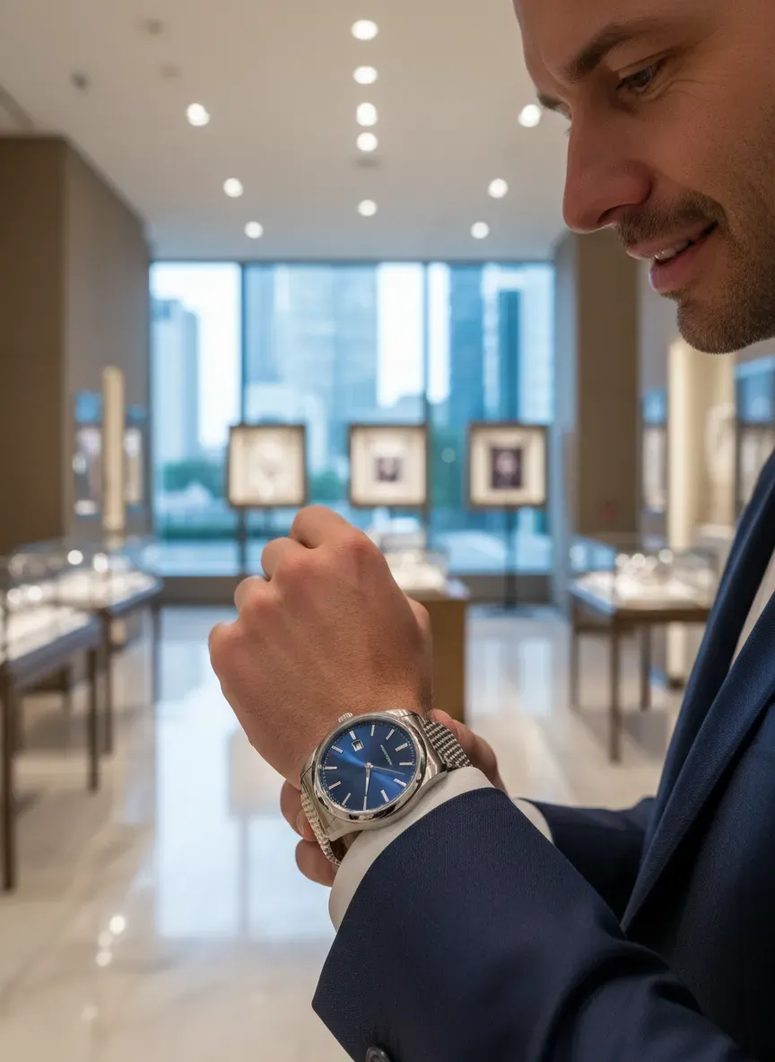 A customer trying on a luxury watch with a blurred showroom background