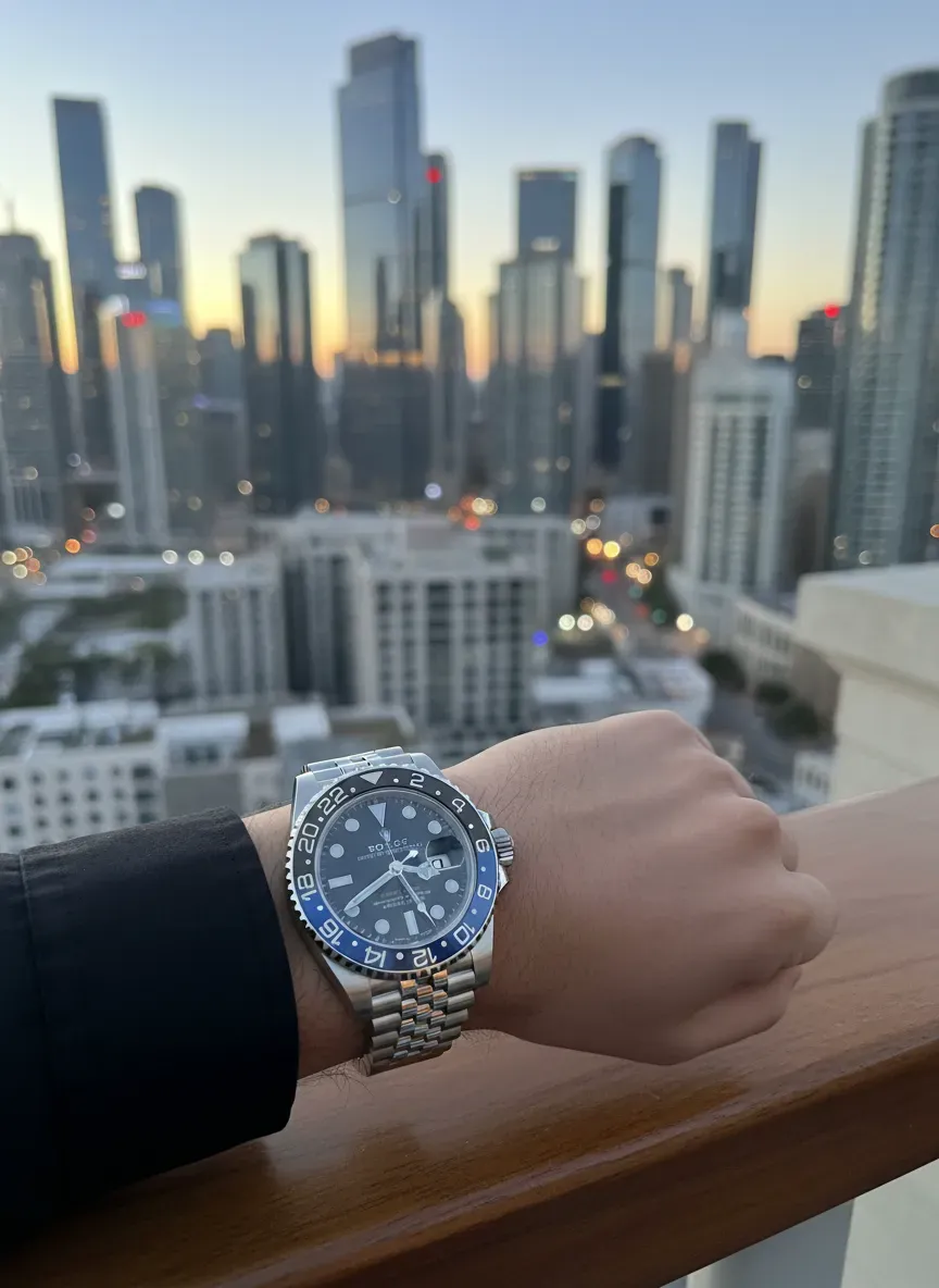 A Rolex Batgirl on a wrist with a city skyline in the background