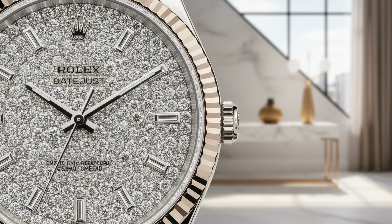 Close up of the diamond dial on rolex watches women