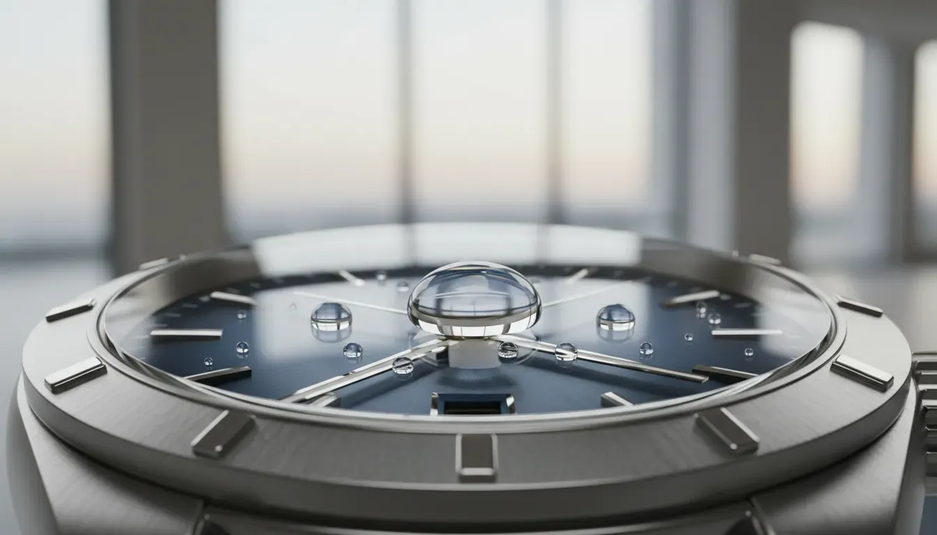 Water droplet test on a sapphire crystal watch face showing beading effect