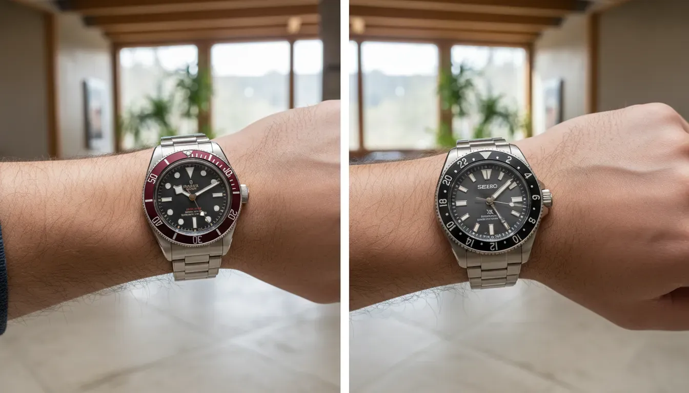Side by side comparison of a Tudor Black Bay on a wrist and a Seiko Prospex LX on a wrist