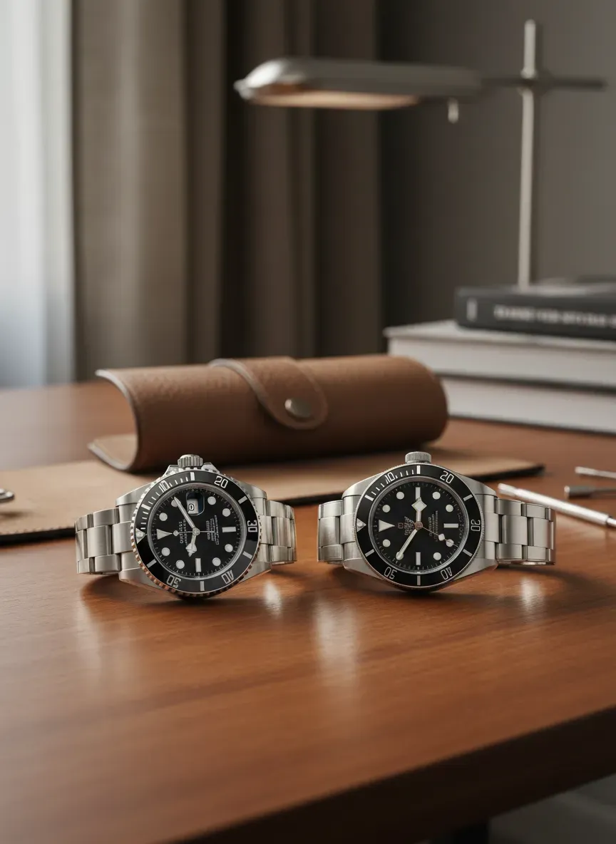A side-by-side comparison of a Rolex Submariner and a Tudor Black Bay on a wooden table