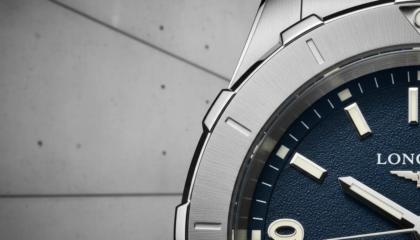 Close up macro shot of the Tag Heuer Aquaracer dodecagonal bezel next to the Longines Spirit dial texture