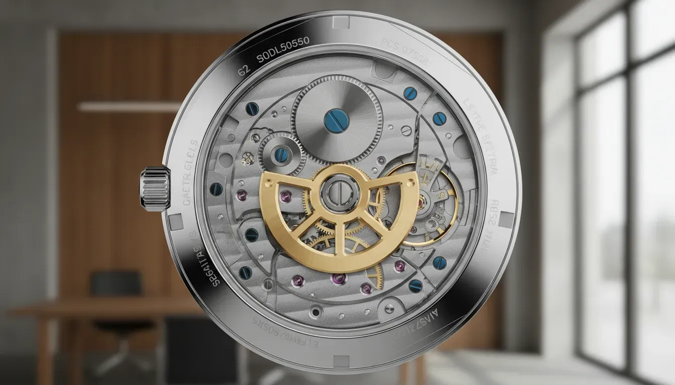 Detailed shot of a watch movement seen through a sapphire caseback