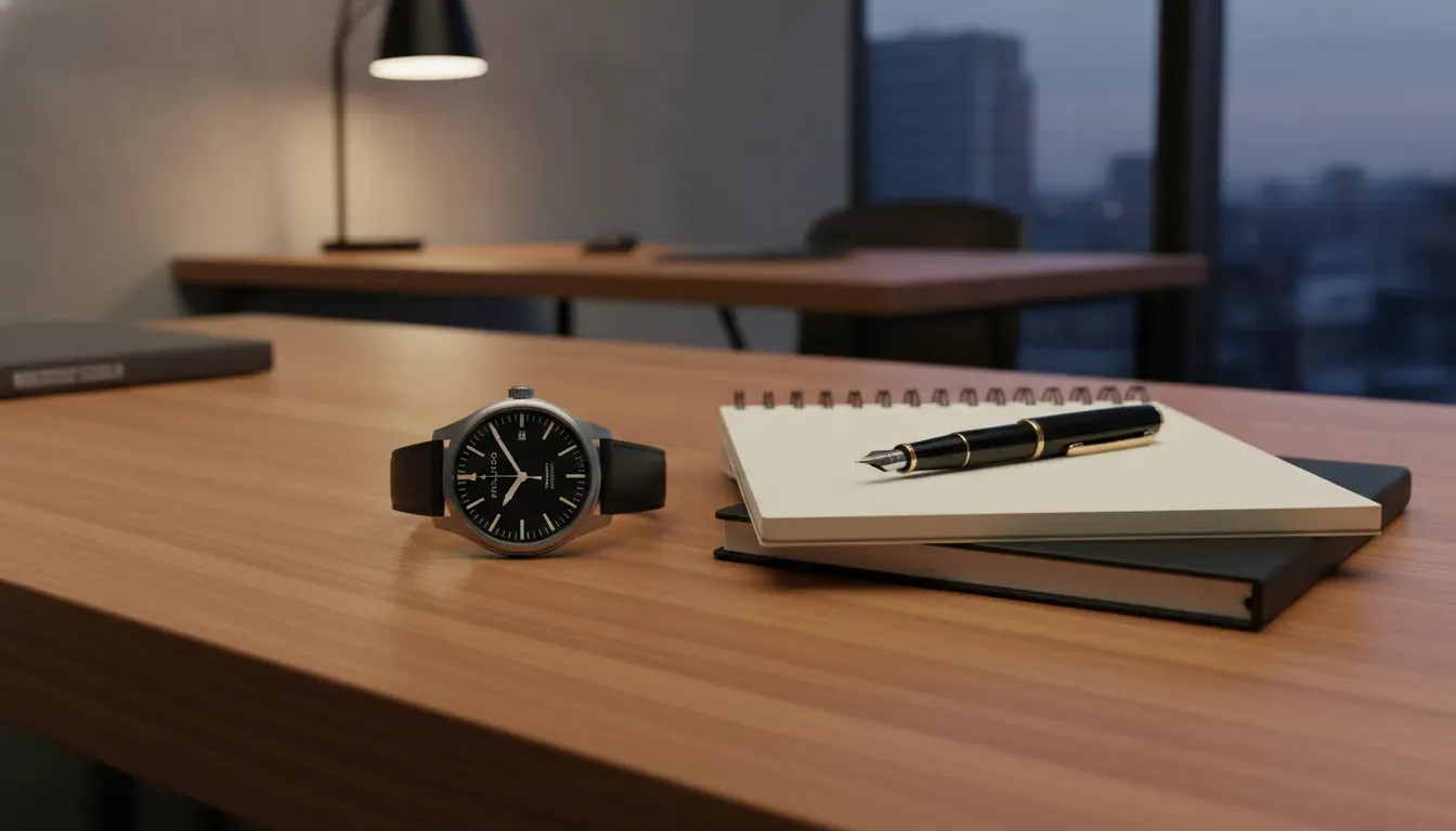 The Hamilton Murph watch sitting on a wooden desk next to a notebook