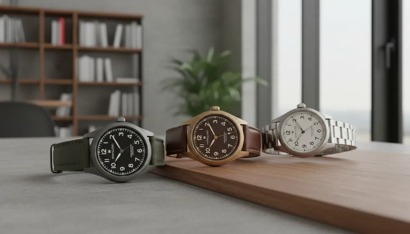 A trio of Hamilton Khaki Field watches showing different case materials titanium bronze and steel