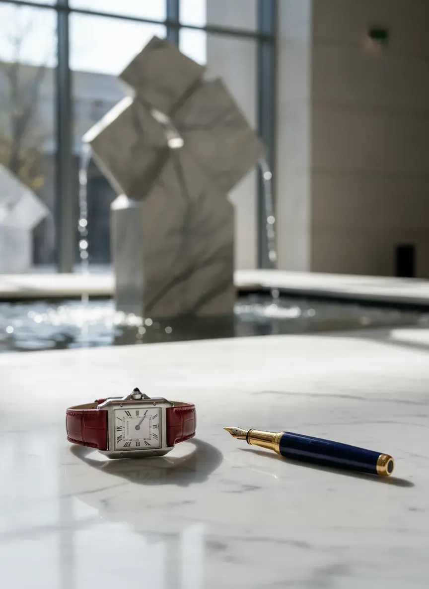 A Cartier Tank watch resting on a marble surface next to a fountain pen