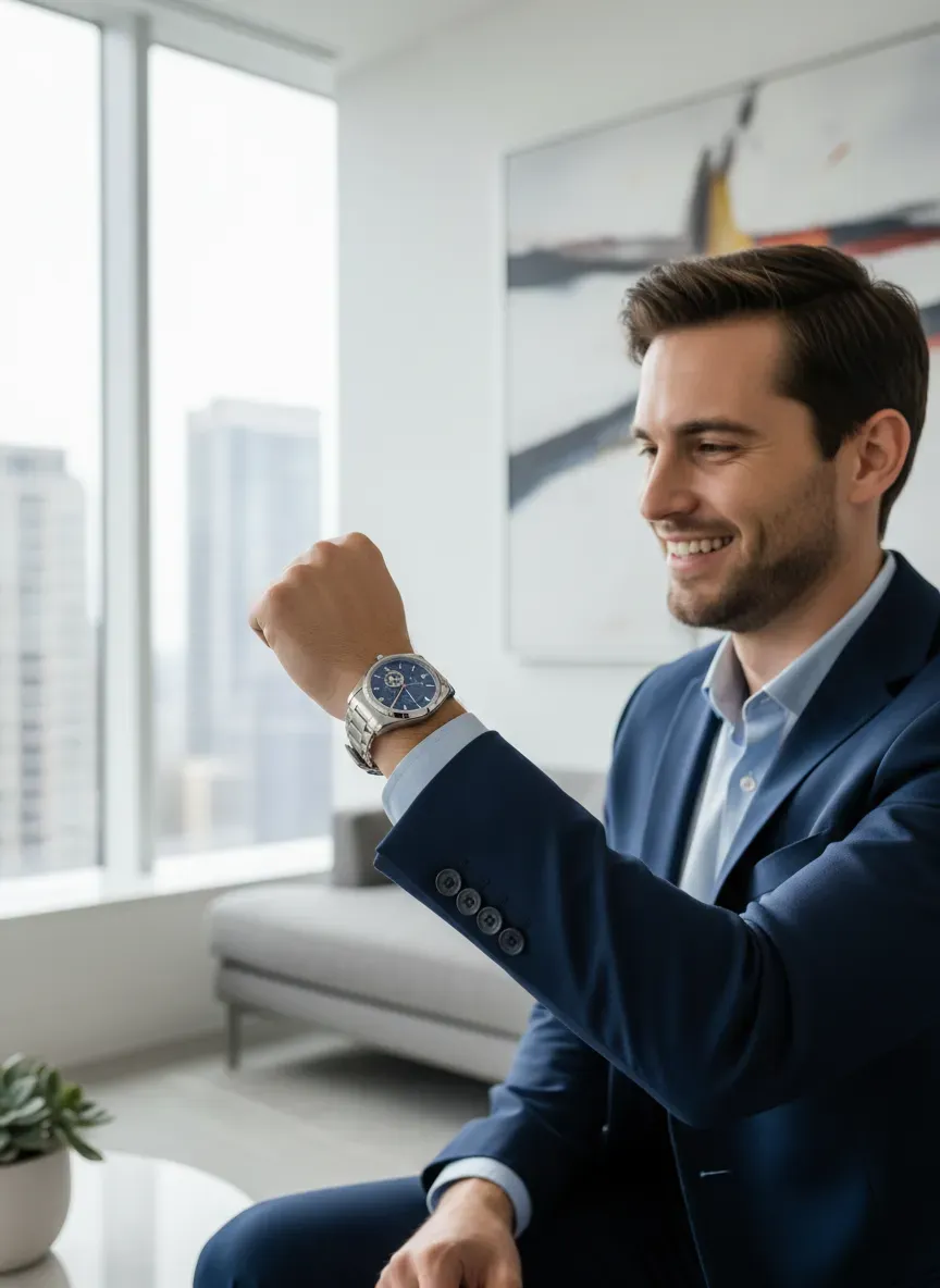 A young professional looking at their new luxury watch on their wrist with a smile