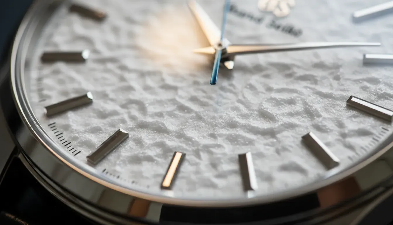 A macro shot of a Grand Seiko Snowflake dial showing the textured white surface