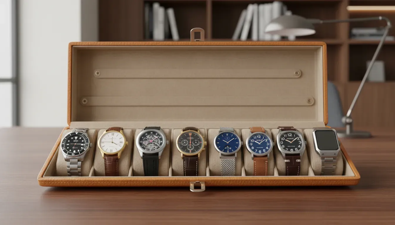 A collection of watches displayed in a leather travel case