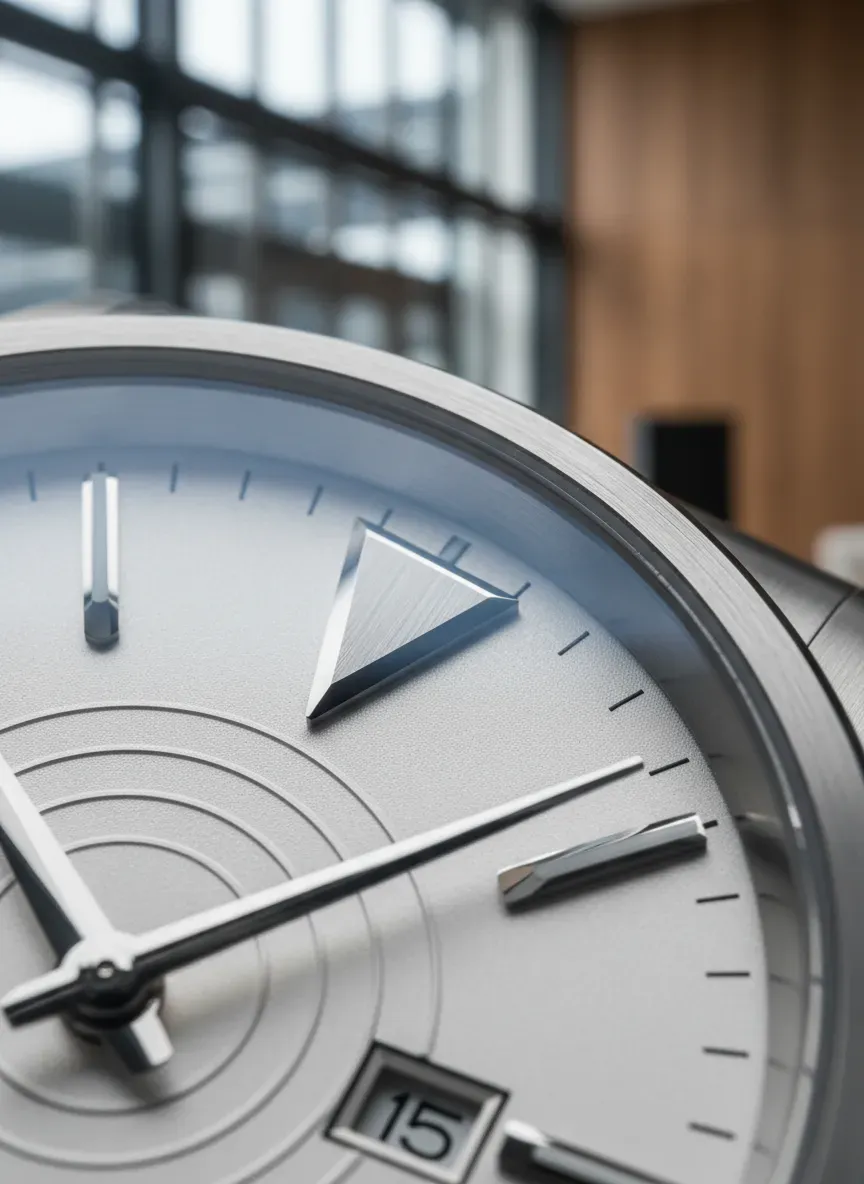 Macro shot of a watch dial focusing on the triangle marker at 12 o'clock