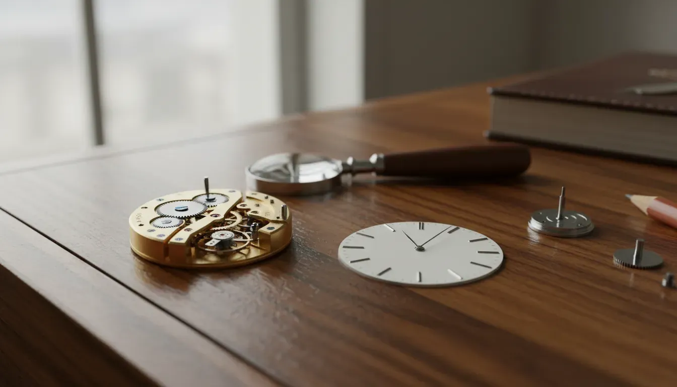 Detailed shot of a vintage mechanical watch movement and a clean white dial on a wooden desk