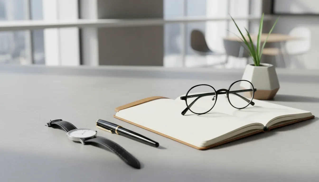 Flat lay of a minimalist watch beside a fountain pen and a leather notebook